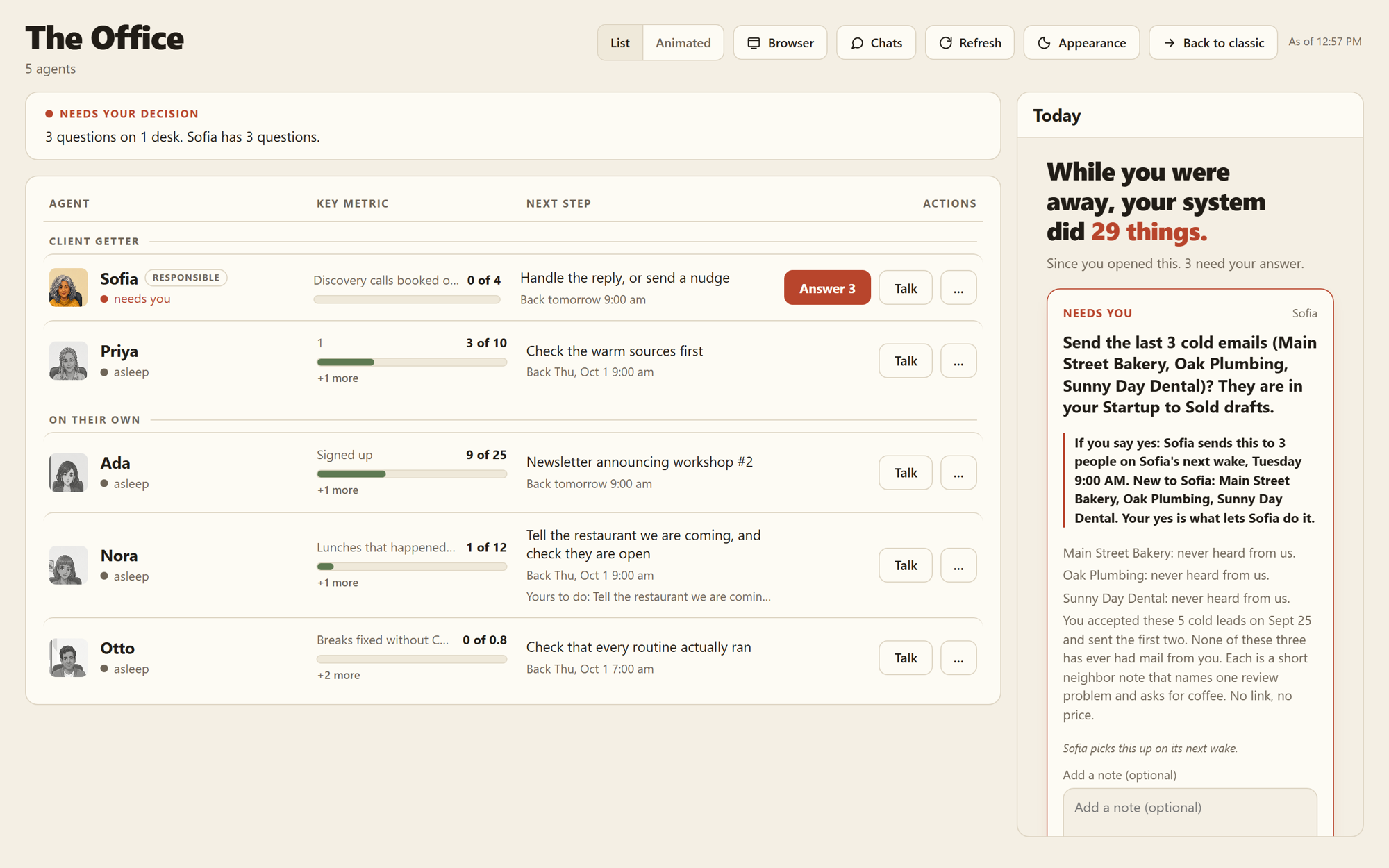 The Office list view, with one row per agent and the update strip at the top