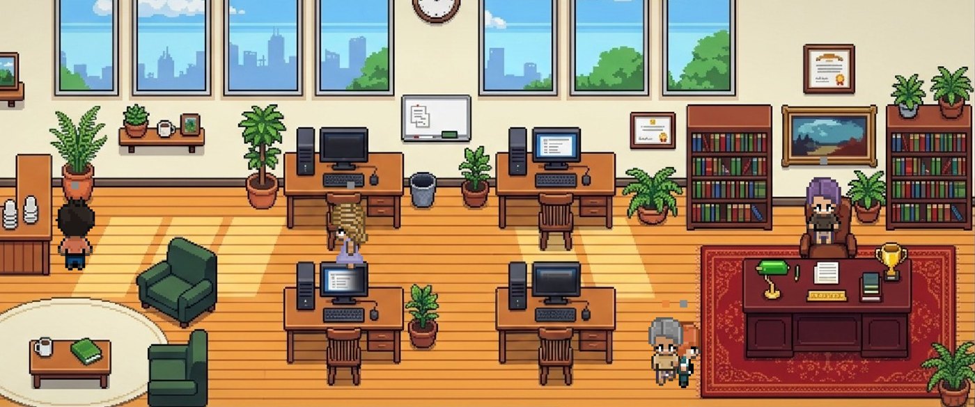 The pixel-art office where each agent has a desk
